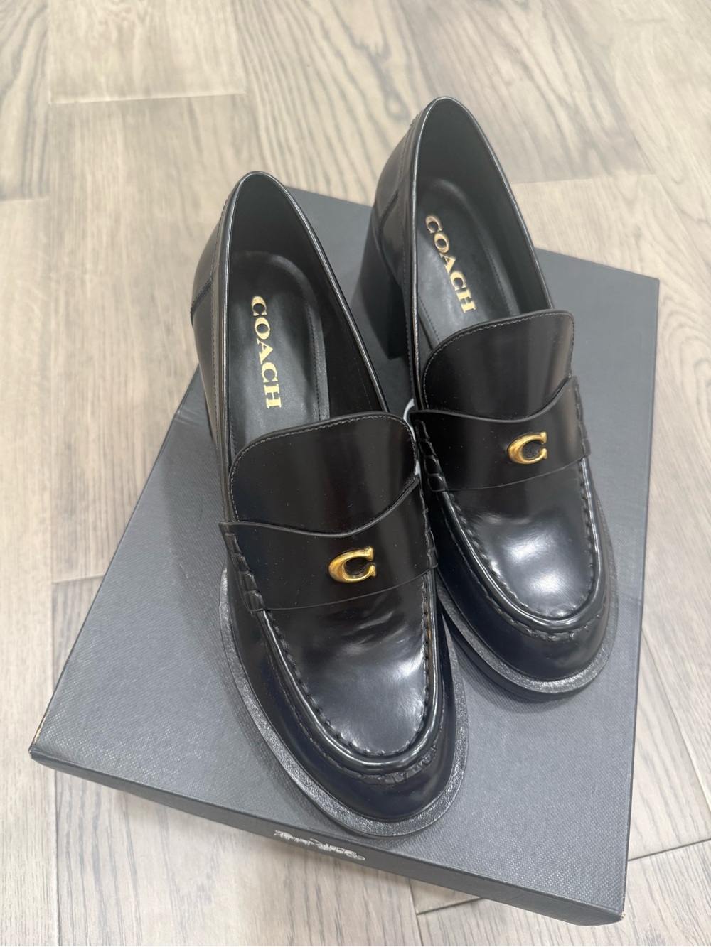 Coach Black Leather Loafers with chunky heel - Gold C Accent